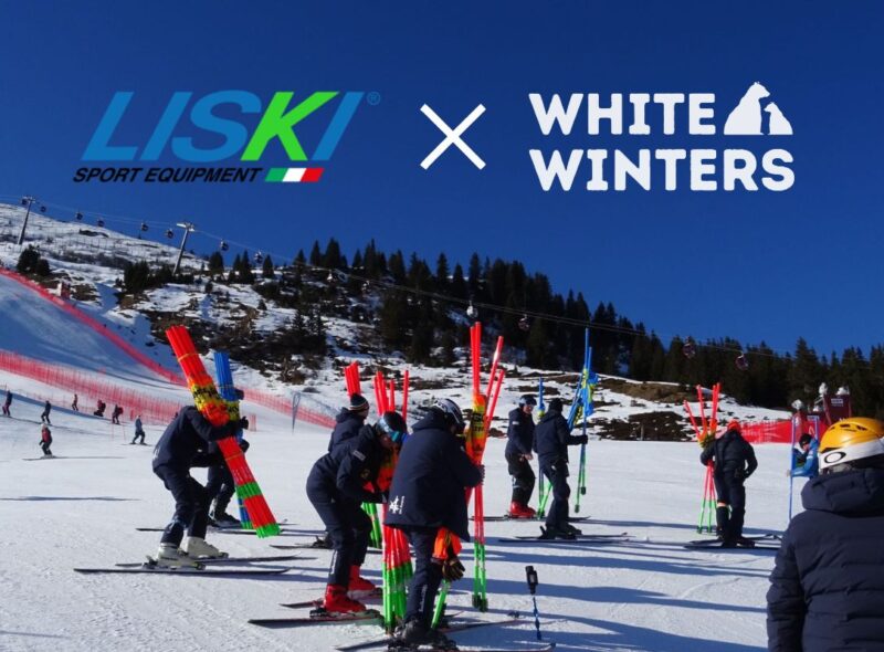 People with Liski slalom poles on a snowy slope, used worldwide for ski training and race courses
