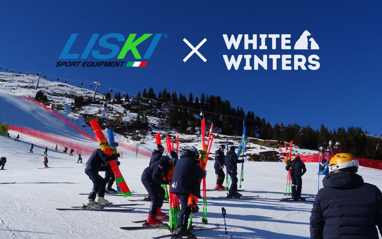 People with Liski slalom poles on a snowy slope, used worldwide for ski training and race courses