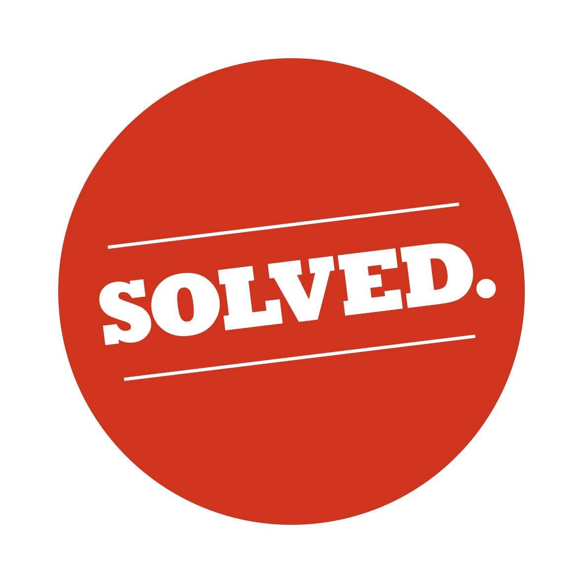 Red circle with the word “SOLVED.” in white capital letters