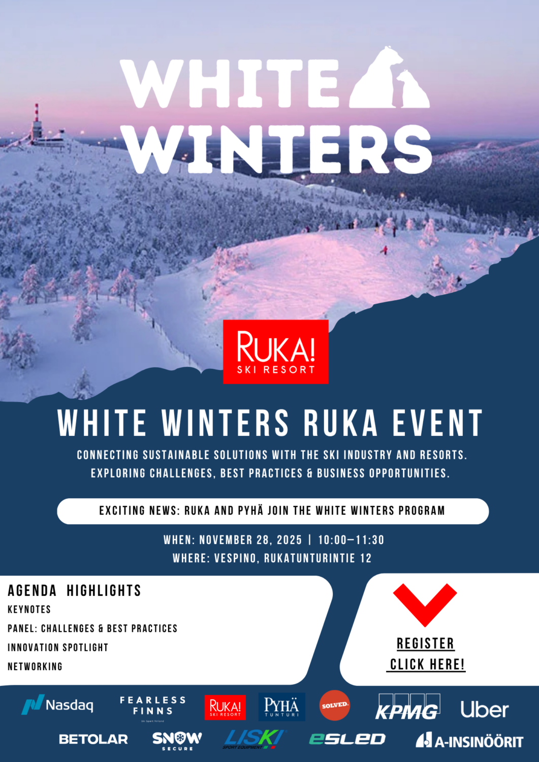 Promotional banner for the White Winters Ruka Event featuring a snowy Ruka ski resort landscape, event date, location, agenda highlights, and partner logos.