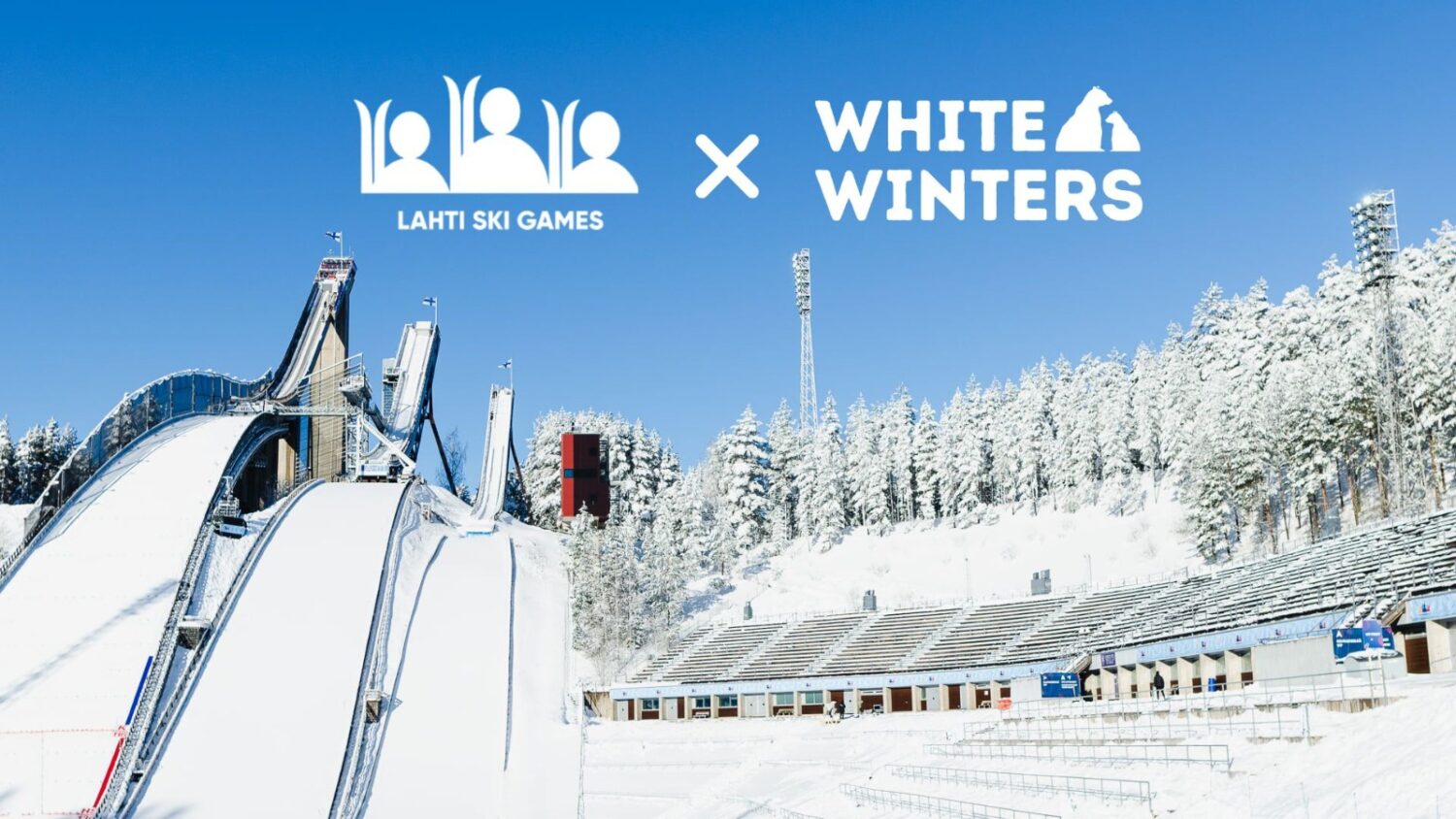 White Winters and Lahti Ski Games logos over the snowy Salpausselkä ski stadium in Lahti.