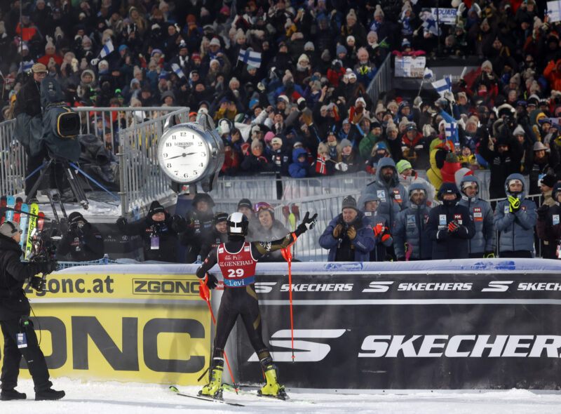 Eduard Hallberg of Team Finland celebrates at the Levi FIS Alpine Ski World Cup in front of the crowd.