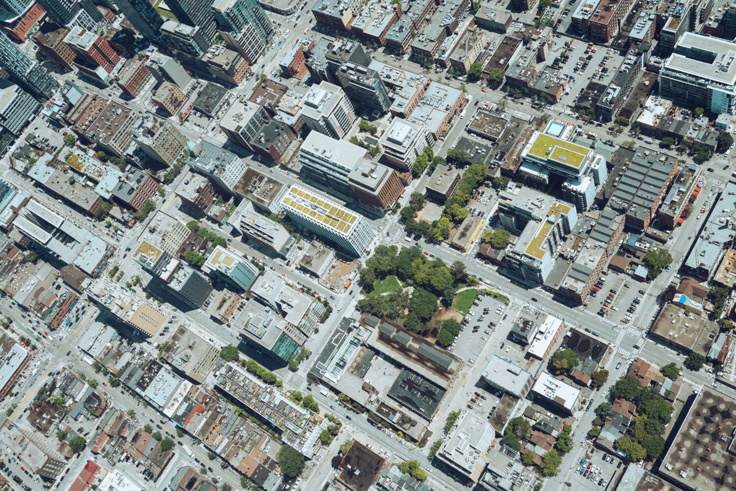Aerial view of a modern urban district with buildings and streets